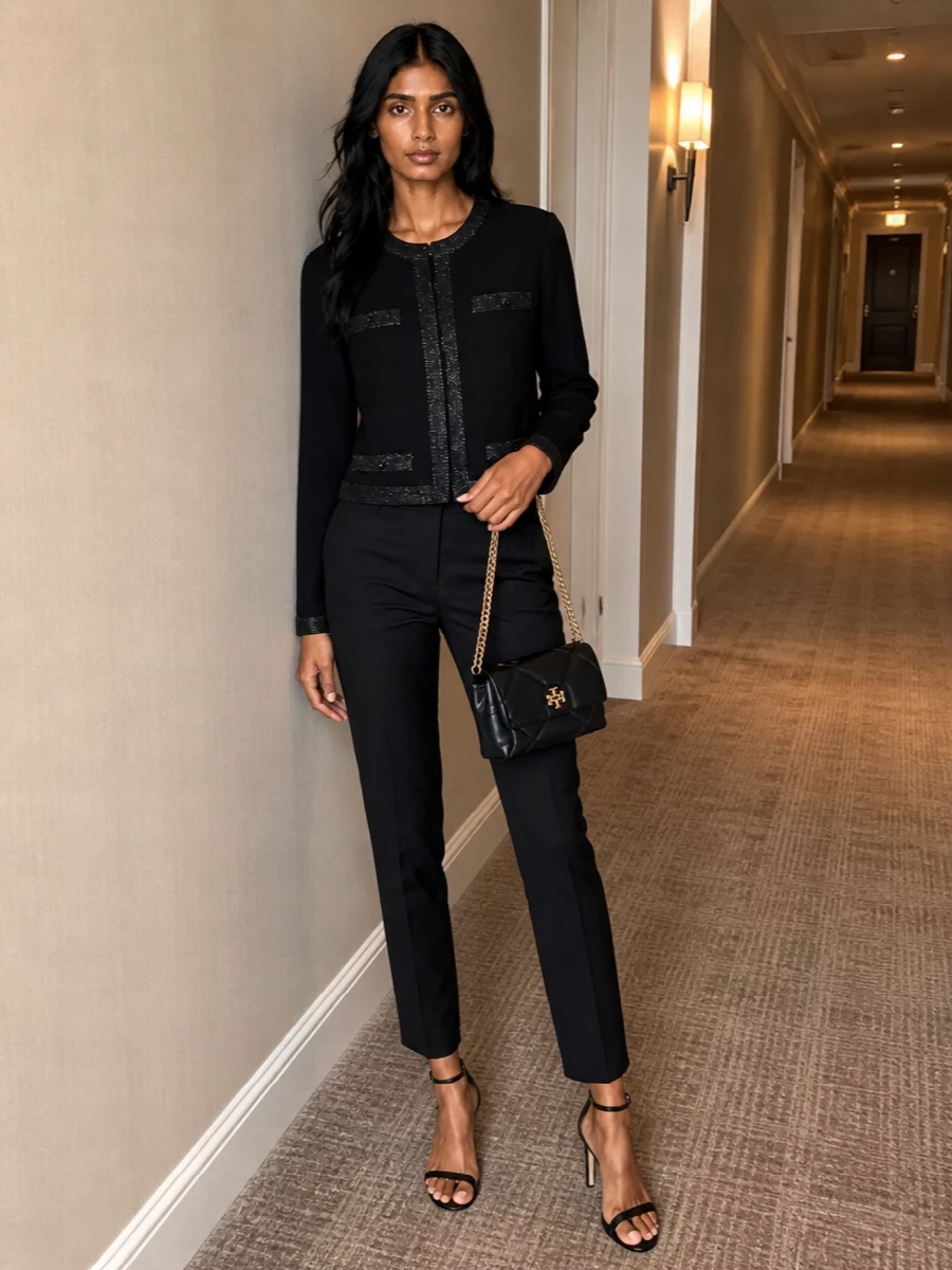 Tory burch sequined cardigan black tailored trousers