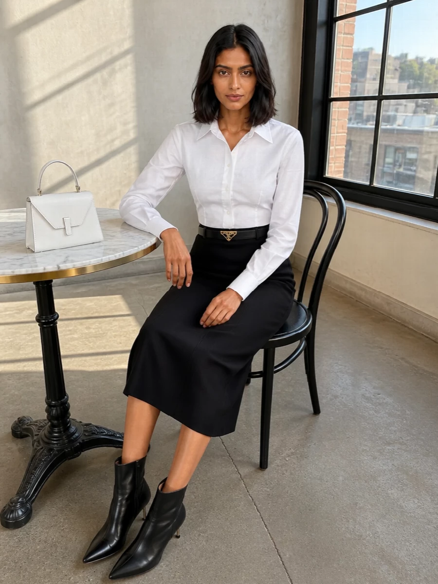 An optic white cropped shirt meets a sculpted black midi pencil skirt for a crisp, waist-focused silhouette that feels quietly powerful. Pointed black ankle boots and a slim black belt sharpen the line, while a white architectural mini bag keeps the palette graphic and restrained. It is a precise, city-ready outfit for serious meetings that turn into late dinners.
