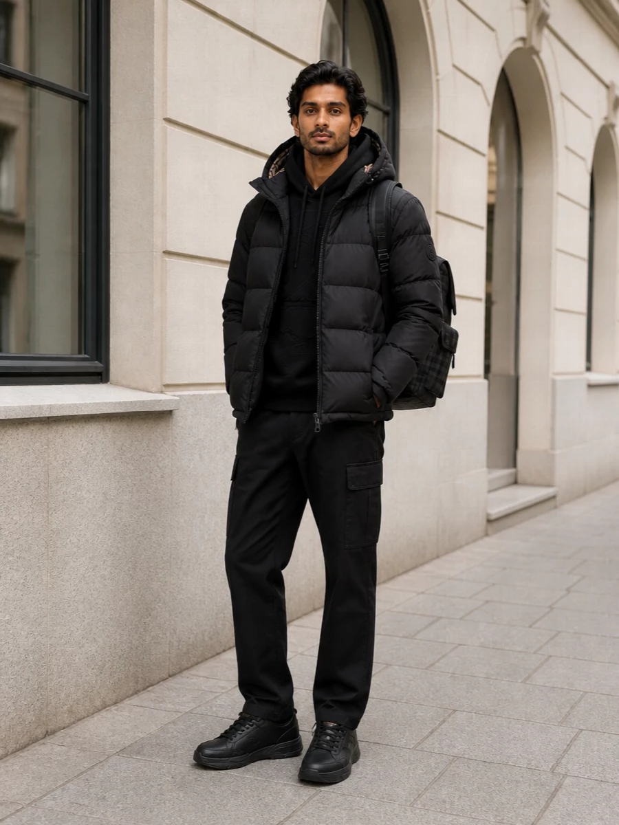 Burberry puffer cargo trousers black sneakers