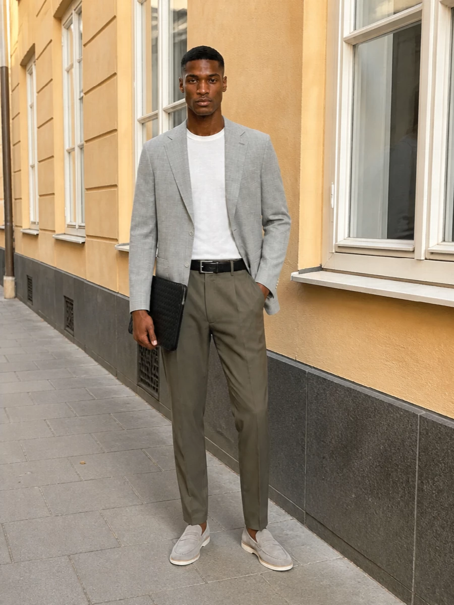 Eleventy grey suit zegna trousers loafers