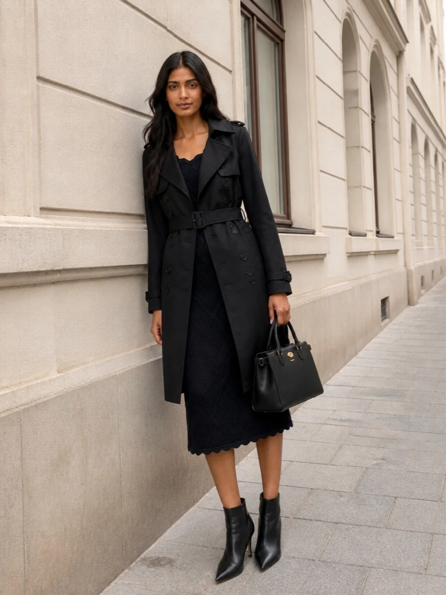 Burberry black trench navy midi dress outfit