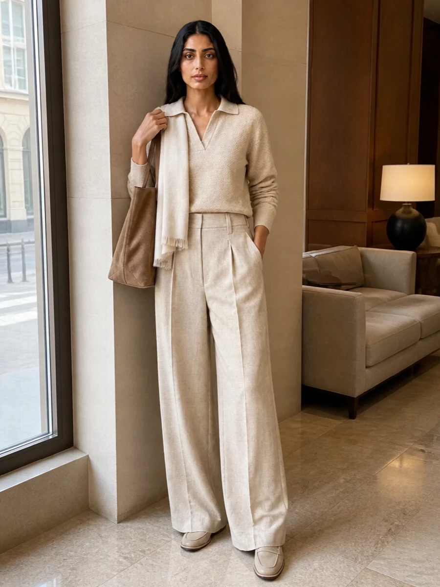 Brunello cucinelli beige knit wide leg trousers