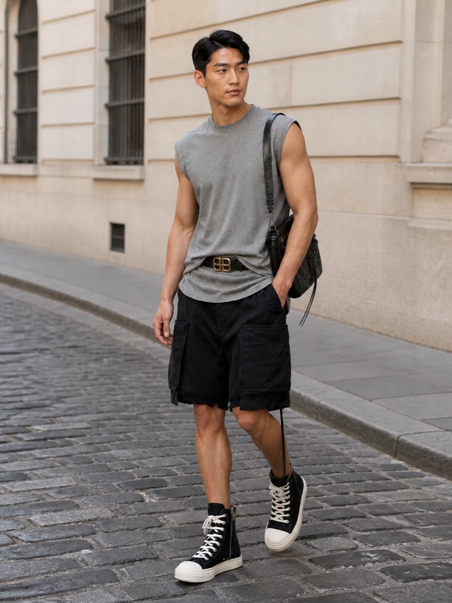 This look keeps the focus on Rick’s elongated top over sculptural, washed black cargo shorts, creating a long-over-slung silhouette that feels easy but considered. Black and soft grey stay tight across the sneakers and compact leather bag, with a single gold buckle detail to sharpen the waist without breaking the minimalist, street-driven mood.