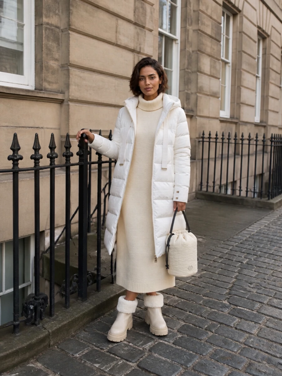 Herno puffer jil sander cream knit dress outfit