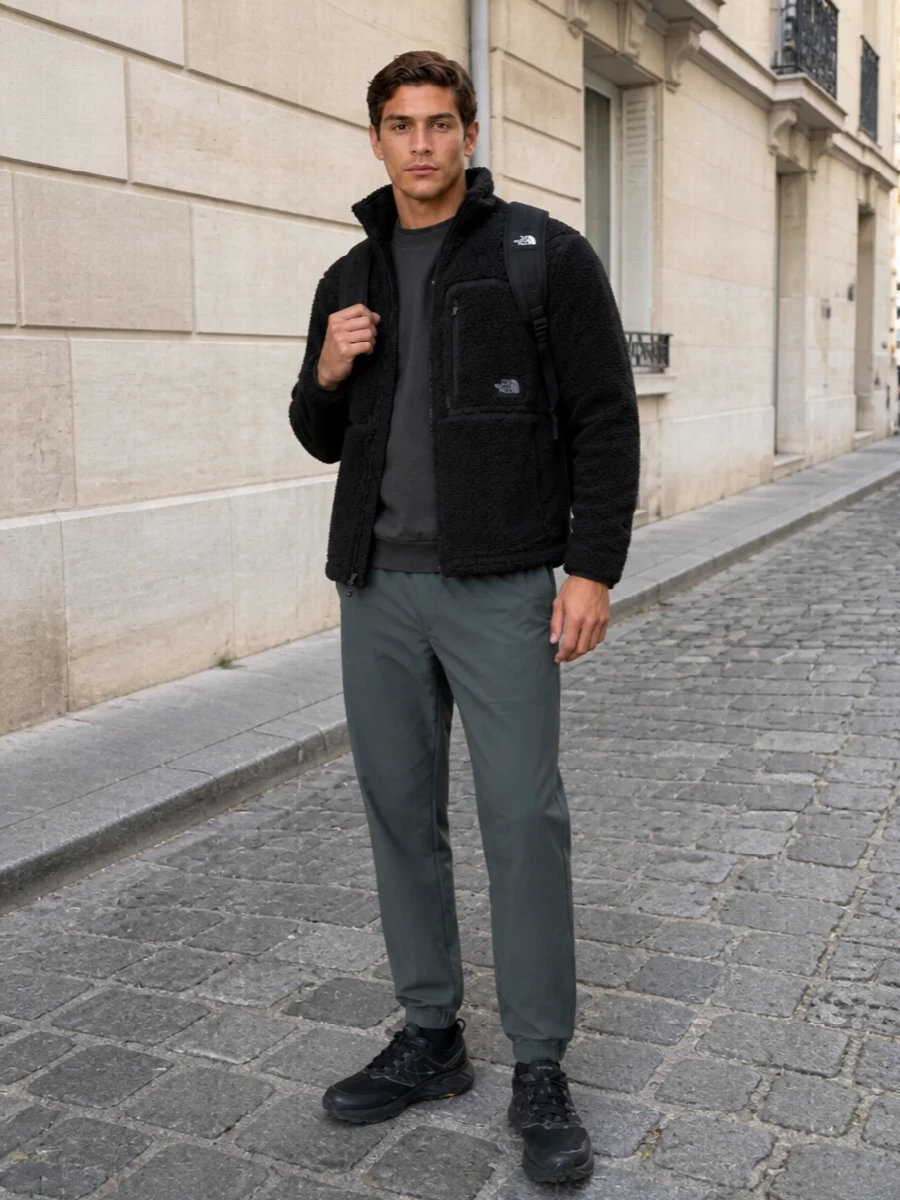 A monochrome The North Face kit built around plush black fleece, this outfit keeps everything tonal but layered with technical texture. Charcoal midlayer and slate track pants break the black just enough, while a trail runner and Borealis pack lock in a city-to-trail attitude. It is practical cold-weather gear that still reads considered and sharp in an urban setting.