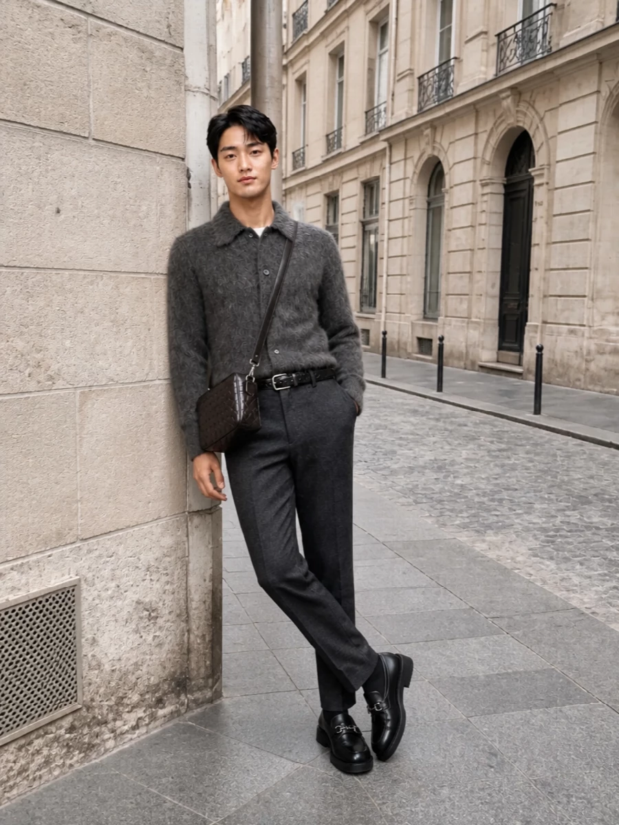 Gucci cardigan charcoal tailored trousers outfit