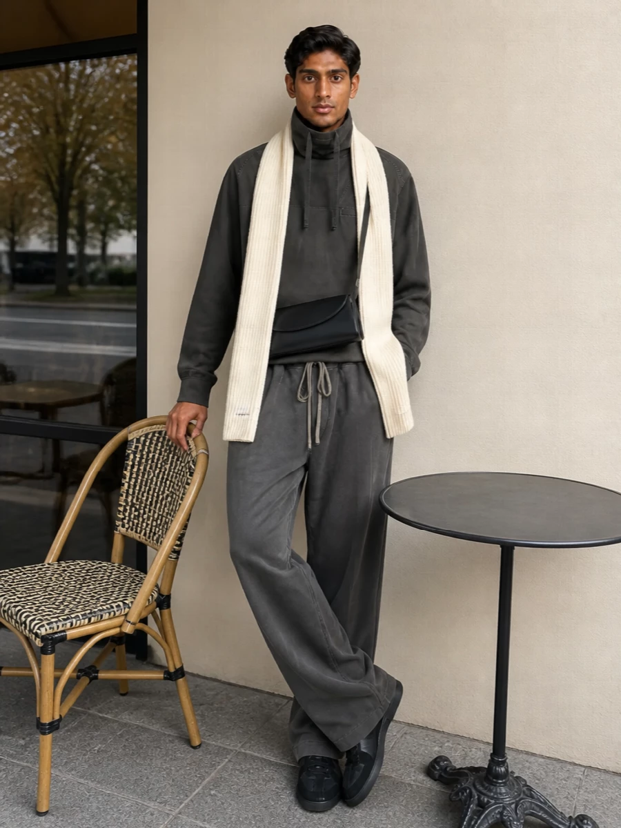 Charcoal-on-charcoal layering keeps this combination calm and precise, with the wide drawstring trouser echoing the jumper’s sculptural volume for an easy, column-like line. Tonal black sneakers and a slim shoulder bag stay almost invisible, so the focus sits on shape and texture, while a pale ribbed scarf lightens everything just enough around the face. It is an urban, utilitarian uniform that feels relaxed but deliberately put together for colder days.