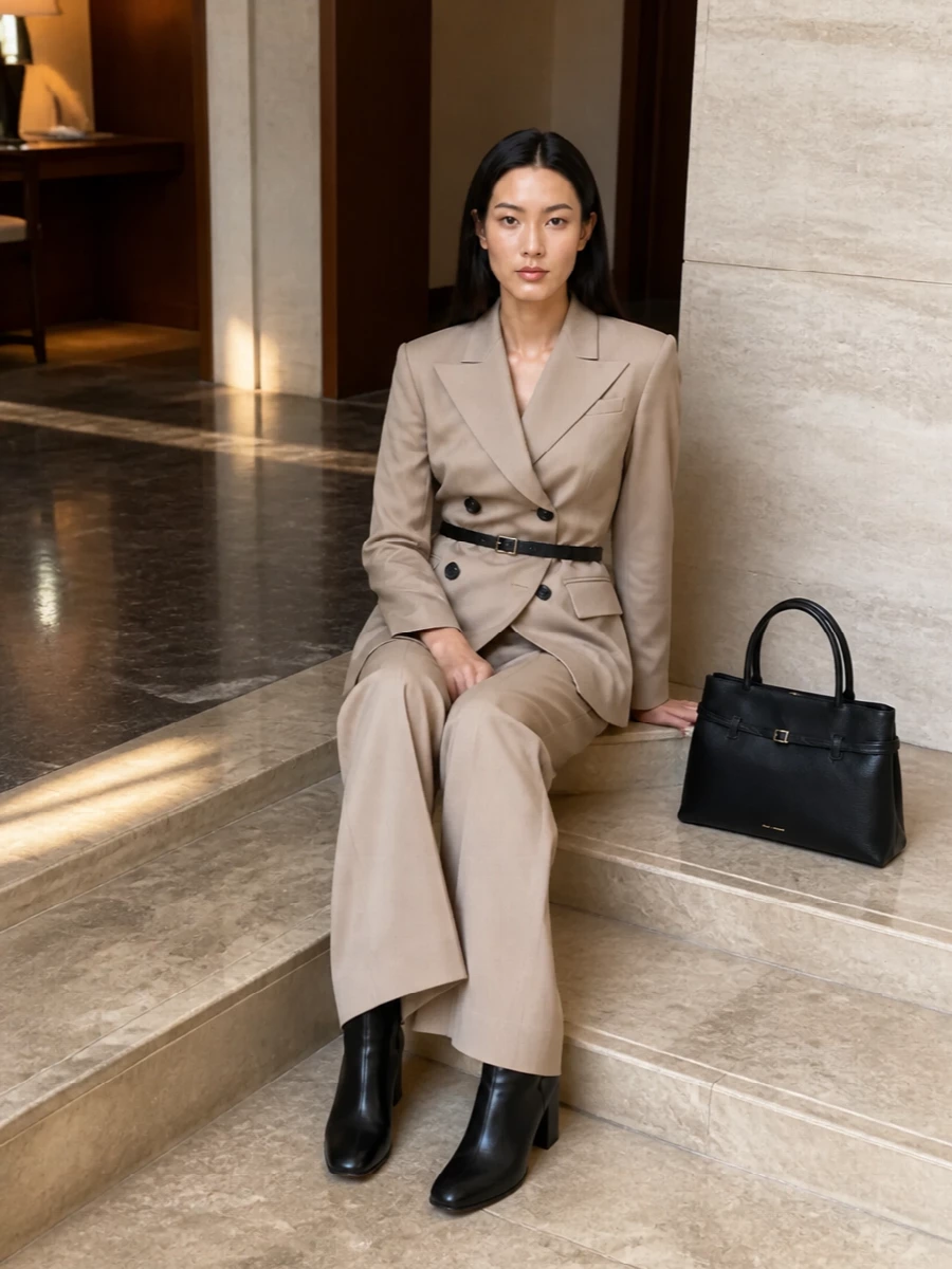 Sportmax’s sculpted beige double-breasted blazer sits over matching warm-beige wide-leg trousers for a tonal column that feels sharp yet soft. Black ankle boots and a structured black top-handle bag echo the blazer’s buttons, adding definition without breaking the neutral calm. A slim black belt finishes the waist with a quiet, precise line suited to serious city days and client-facing meetings.