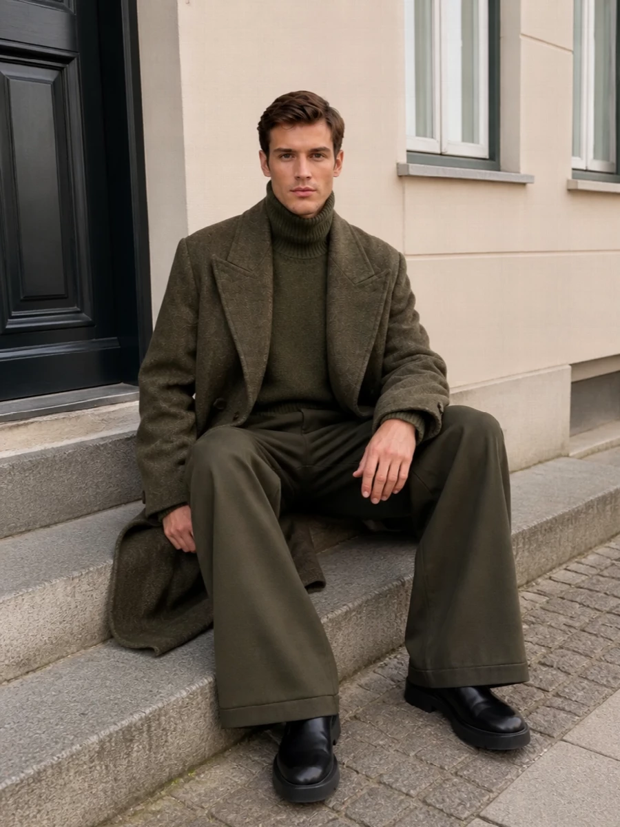 Givenchy olive overcoat wide leg trousers outfit