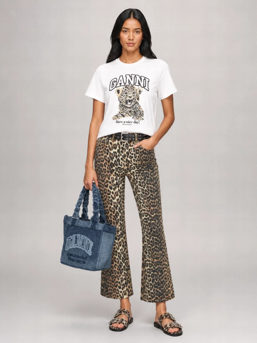 Ganni Leopard-Print High-Rise Cropped Flared Jeans