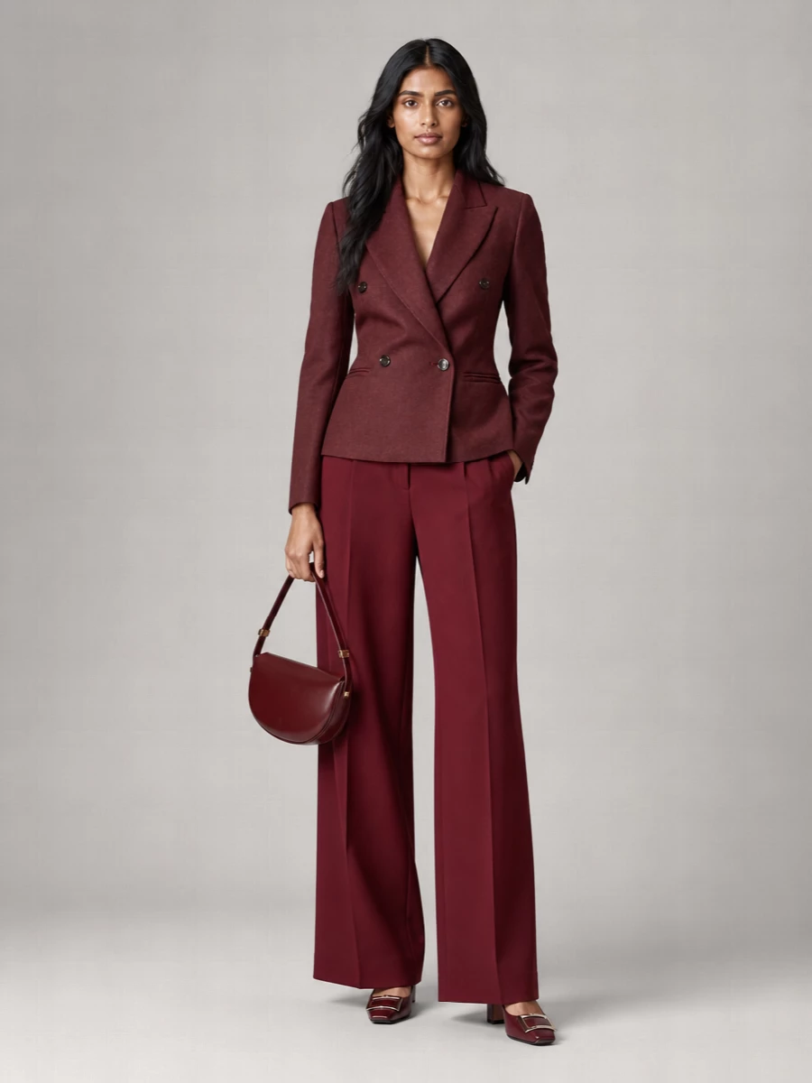 A deep burgundy tailoring story lets the Roger Vivier pumps feel like a considered part of the suit rather than an accent, with Max Mara’s sculpted blazer and Dries Van Noten’s wide-leg trouser meeting in a calm, elongated line. The high waist and full leg balance the low block heel, so the proportions stay statuesque rather than retro, while the clean Patou bag keeps the wine tones modern and uncluttered. This is quiet, confident evening suiting for when you want presence through cut and color instead of overt shine.
