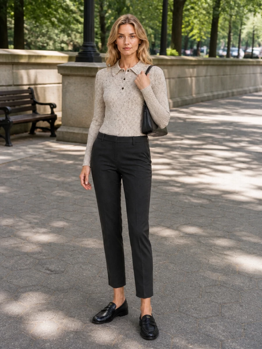 Prada loafer ribbed polo cropped trouser outfit