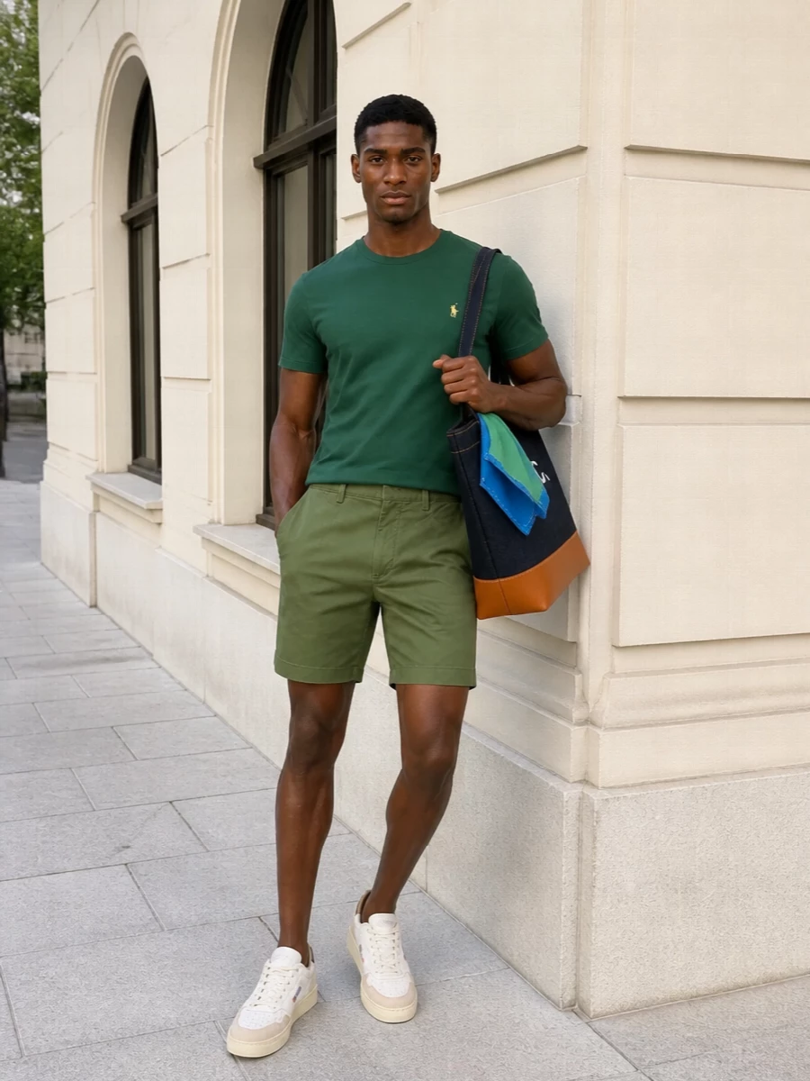 Forest green and olive sit together here for a calm, collegiate take on summer color that still feels grown up. Clean tennis sneakers and the indigo tote keep everything grounded and practical, while the optional scarf adds a subtle, playful hit of blue and green if you want more personality.