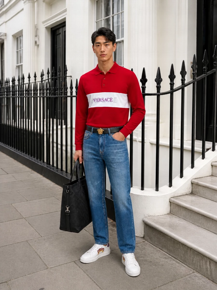 Versace red rugby polo blue jeans white sneakers