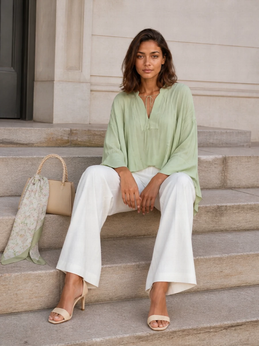 Sage and ivory meet in a soft column, with the fluid blouse floating over crisp wide-leg tailoring for a relaxed yet composed profile. Cream sandals and a structured beige top-handle keep the mood polished without feeling formal, while a gauzy floral scarf introduces a whisper of color and romance. The result is light, quiet and refined, perfect for bright city days and unhurried dinners alike.