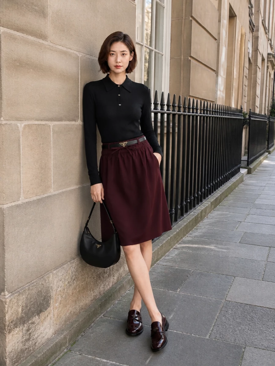 Prada burgundy skirt black polo loafers outfit