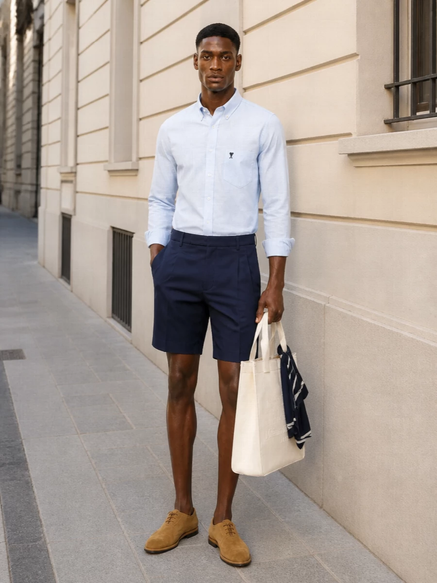 Ami paris blue shirt navy tailored shorts outfit
