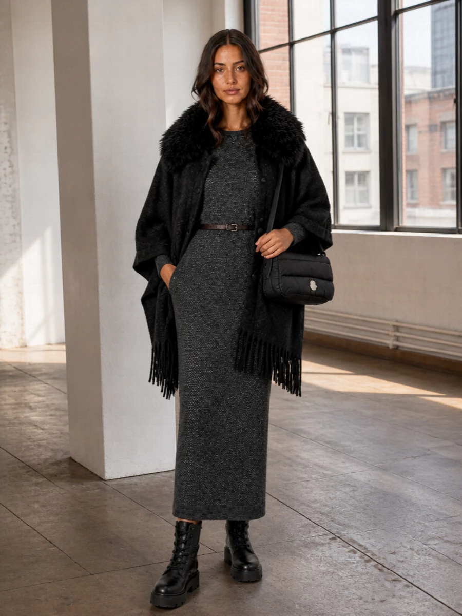 Moncler poncho brunello cucinelli knit dress outfit