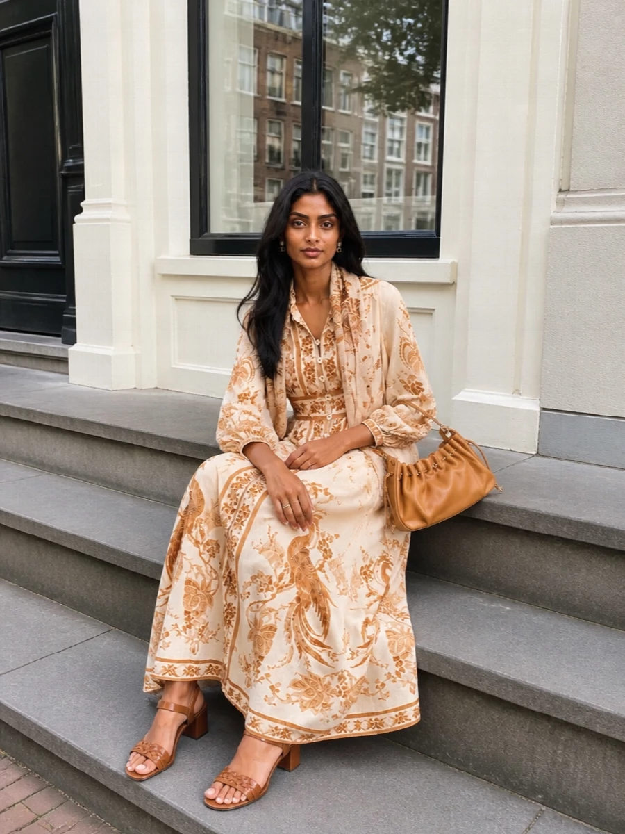 Zimmermann embroidered maxi dress camel sandals