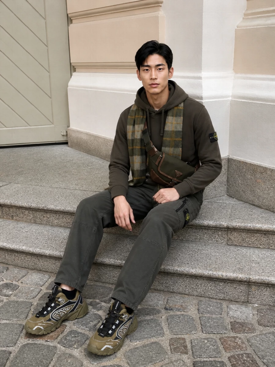 Stone island olive hoodie cargo pants outfit