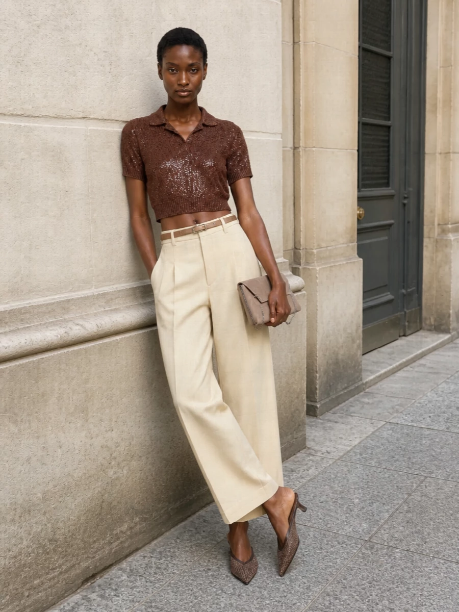 A sequinned chocolate cropped polo is grounded with buttercream wide-leg trousers for a fresh, SS take on evening polish that still feels relaxed. Rose-bronze mesh mules and a taupe suede envelope clutch quietly amplify the shimmer, while a slim bronze belt adds subtle definition without disturbing the clean, minimalist lines. The result is an understated, modern city look that transitions seamlessly from gallery to dinner.