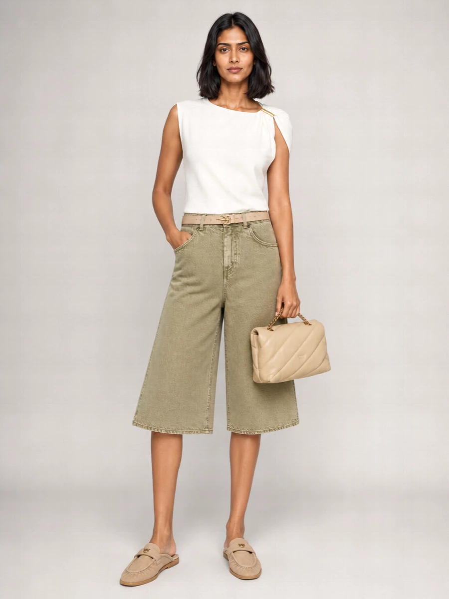 Pinko Denim Wide-Leg Bermuda Shorts