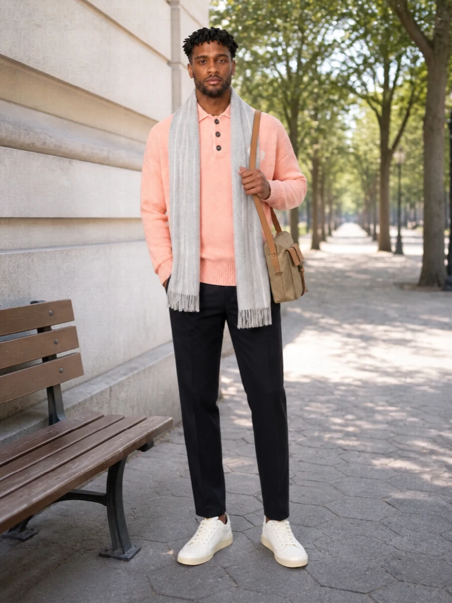 Ami paris peach knit navy trousers outfit