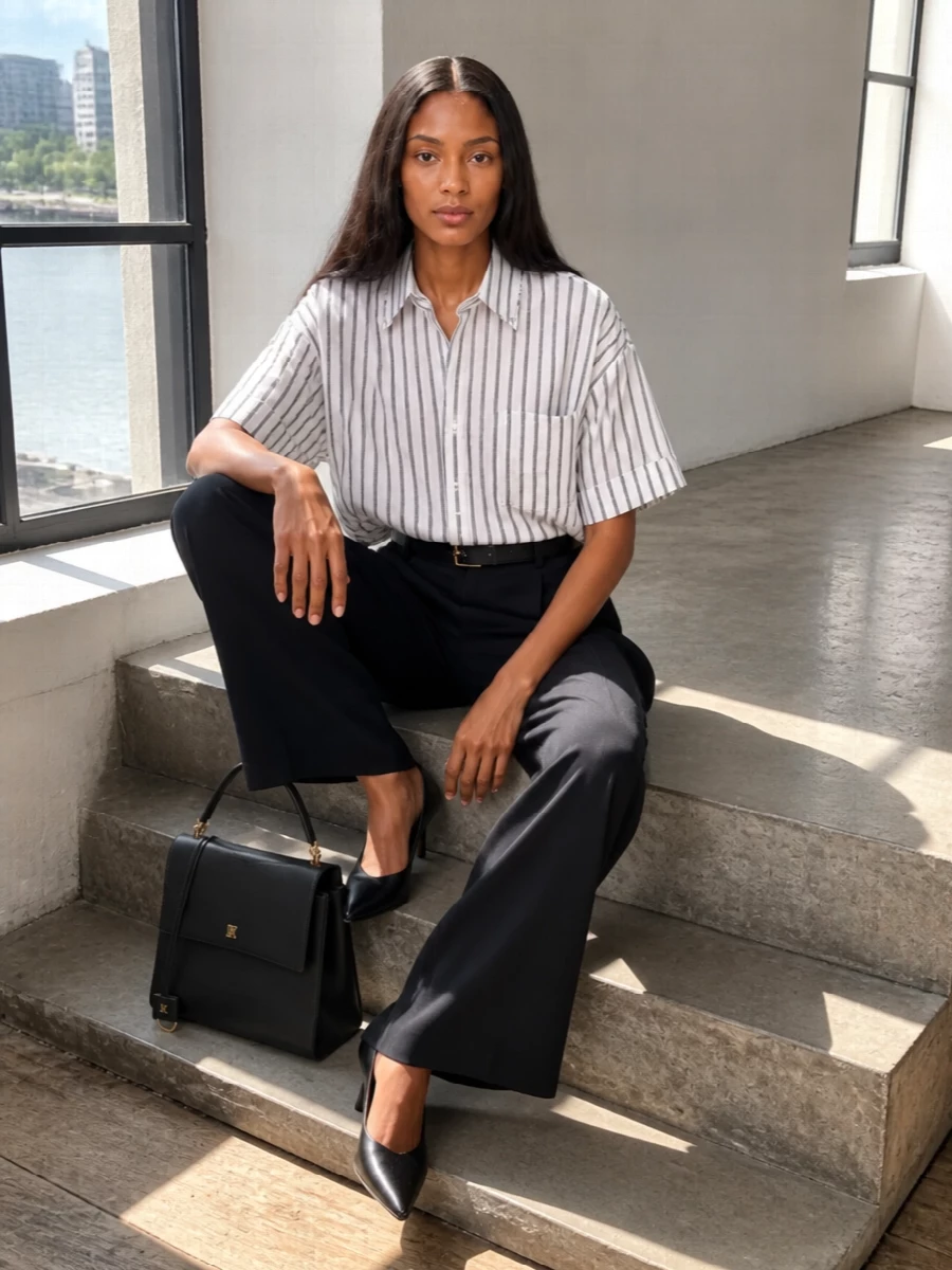 Balenciaga striped shirt wide leg trousers outfit