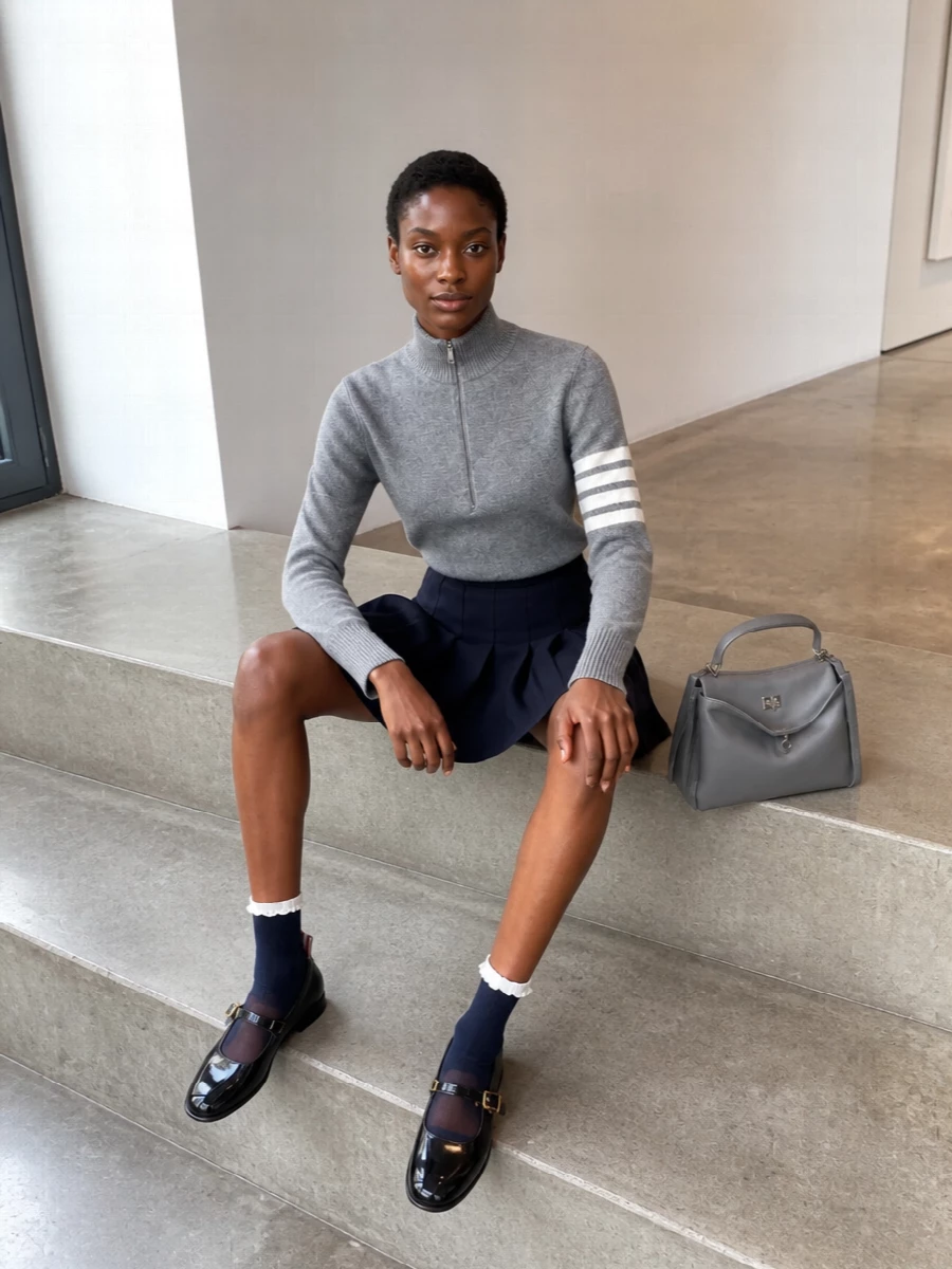 This look builds a quintessential Thom Browne uniform around the heather-grey half-zip: the navy high-waisted pleated mini sharpens the silhouette while keeping it playful and collegiate. Patent double-strap Mary Janes and discreet navy ankle socks underline the preppy mood, and a structured grey top-handle bag ties the palette together in a quietly luxurious, city-ready finish for spring days into early evenings.