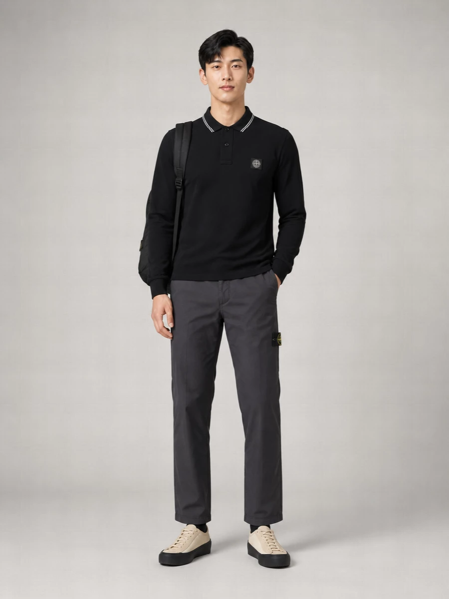 Stone Island Long-Sleeve Cotton Polo Shirt