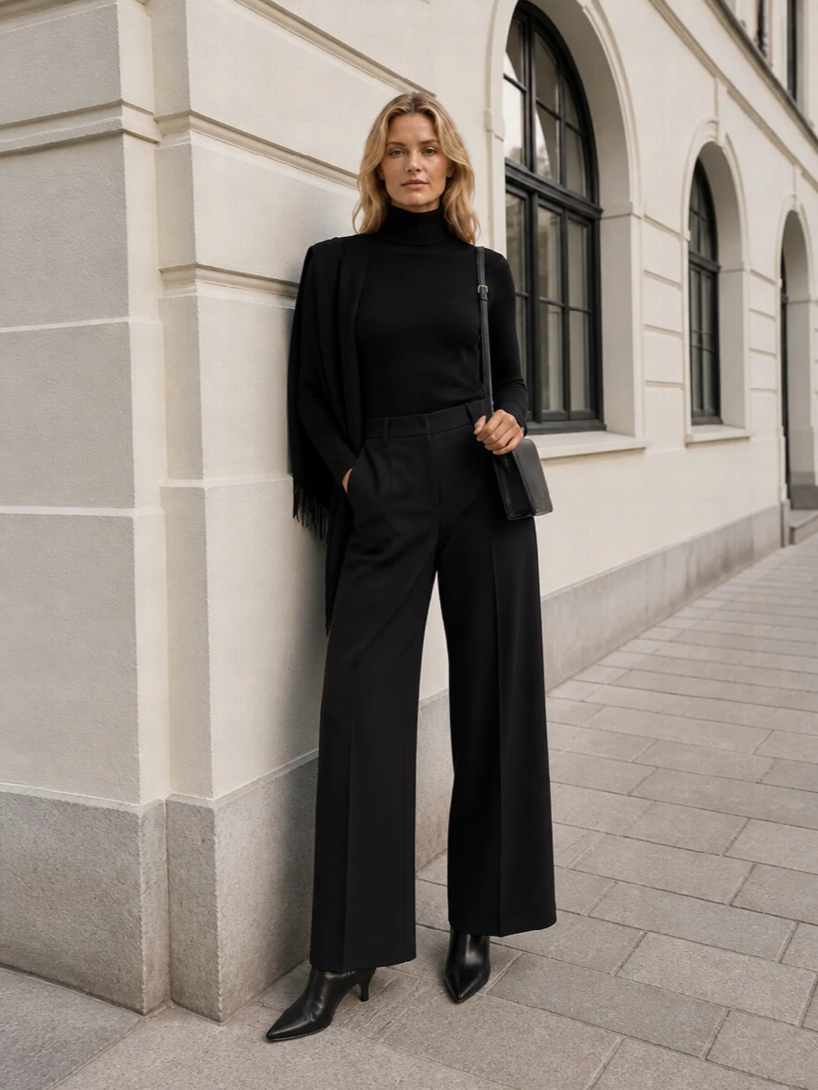 Ermanno firenze black turtleneck wide leg outfit