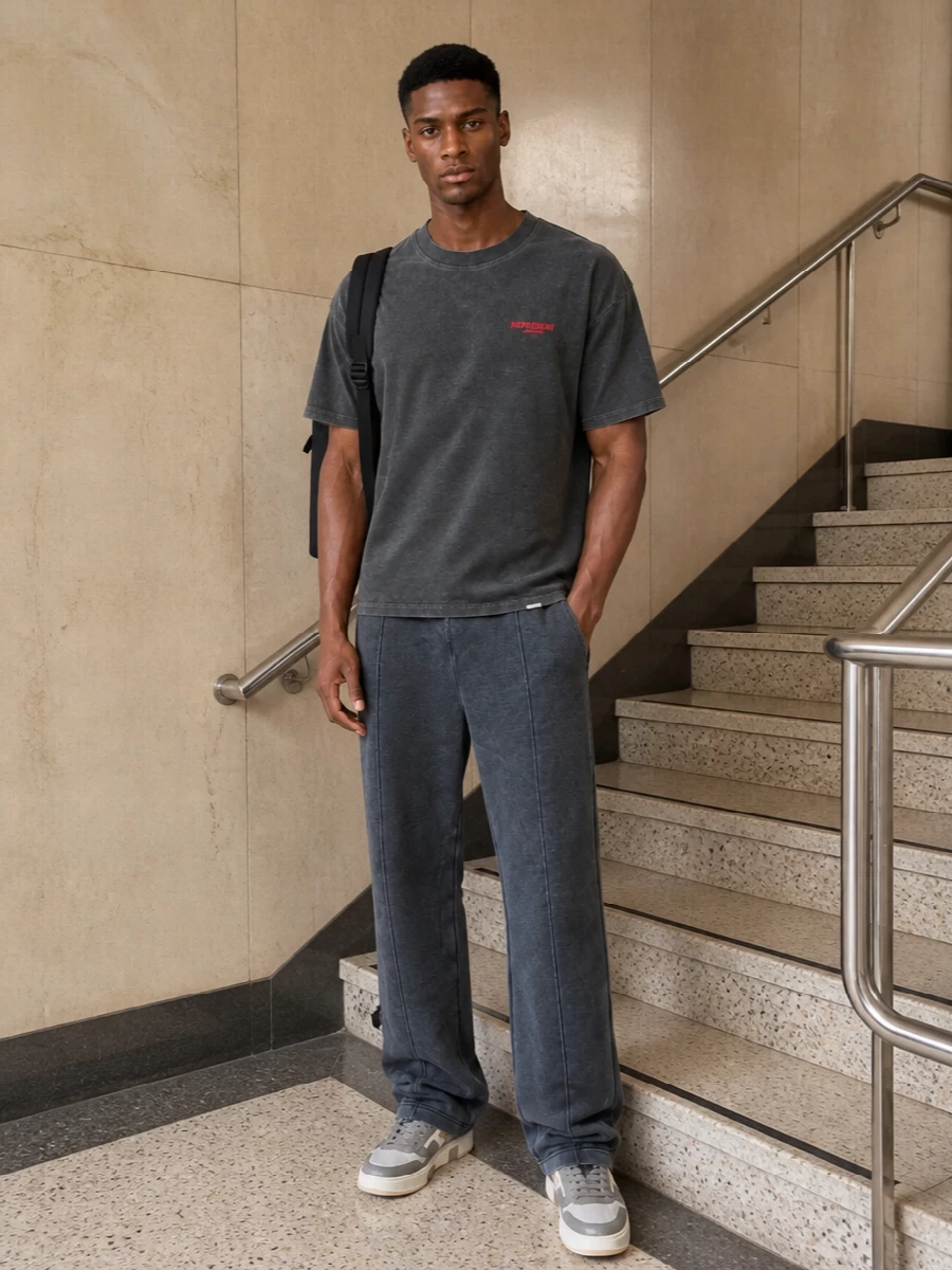 Represent charcoal tee straight leg pants sneakers