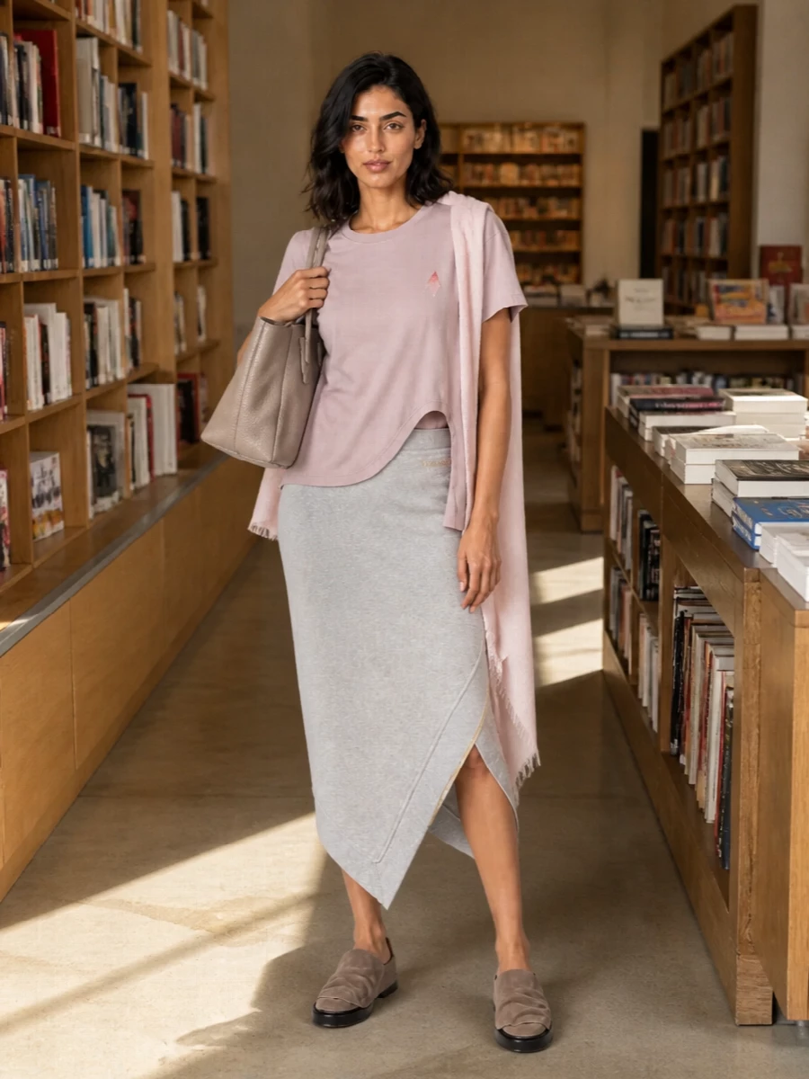 The attico dusty rose tee grey midi skirt outfit