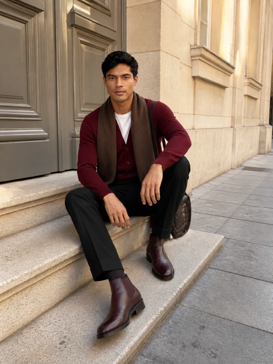 Maison margiela burgundy cardigan black trousers