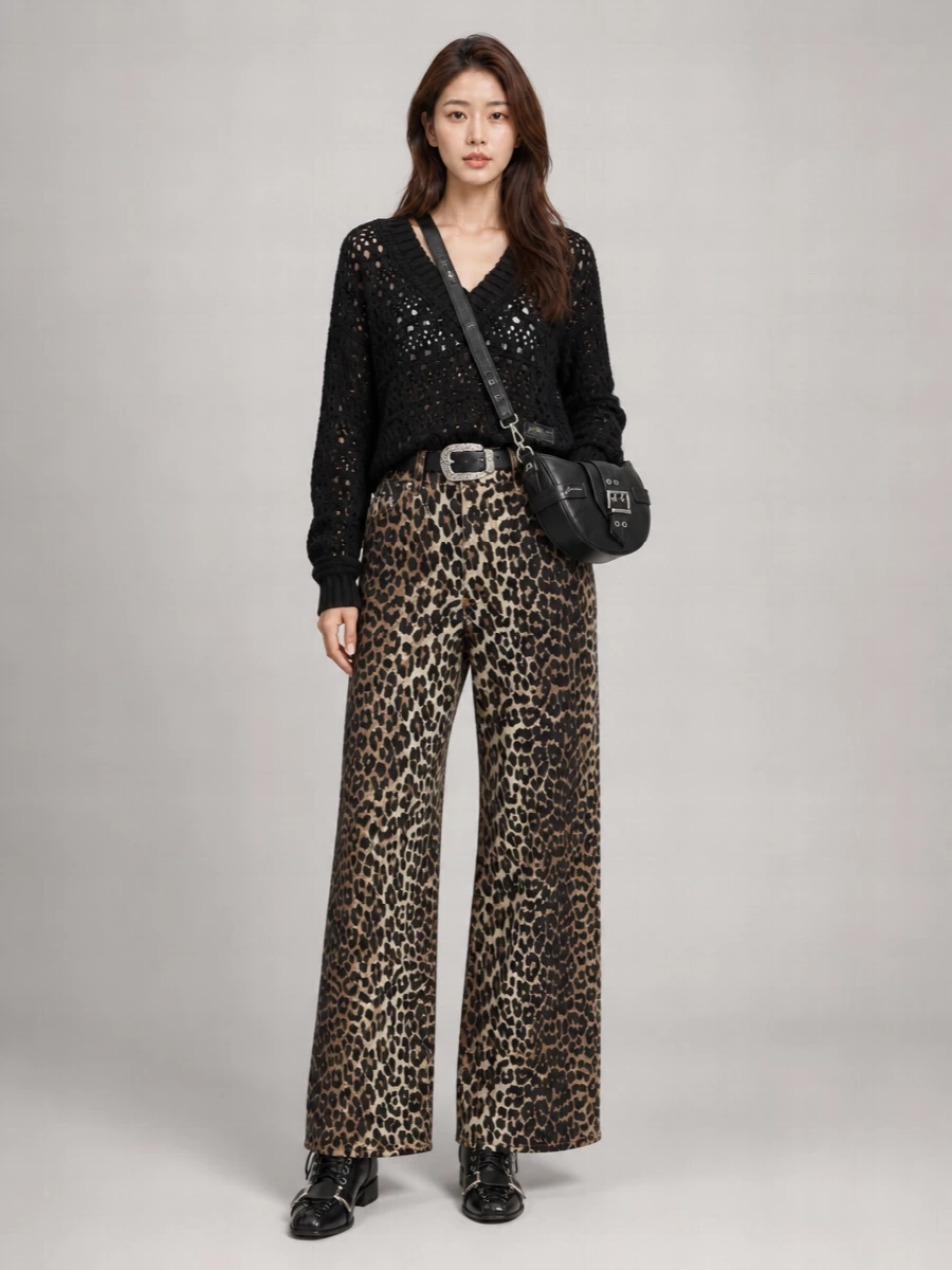 Ganni Leopard-Print Wide-Leg Jeans