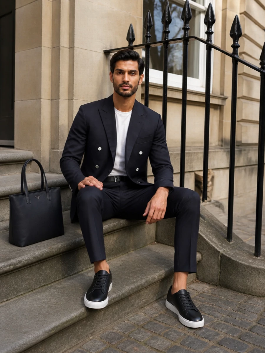 Emporio armani navy blazer trouser leather sneakers