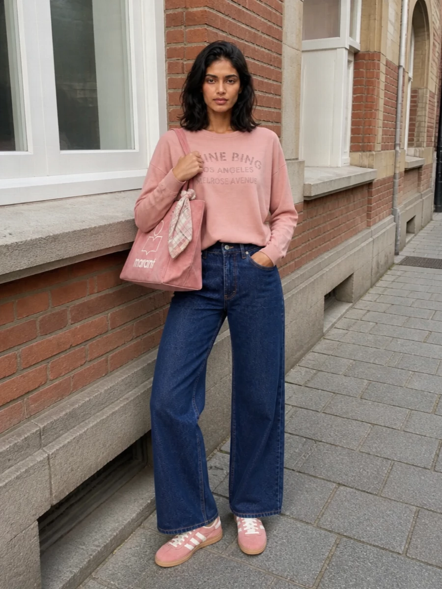 Anine bing dusty pink tee wide leg jeans outfit