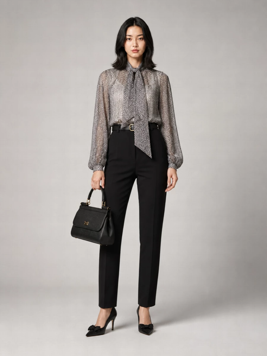 Dolce&Gabbana Silk Chevron-Print Bow-Tie Long-Sleeve Blouse