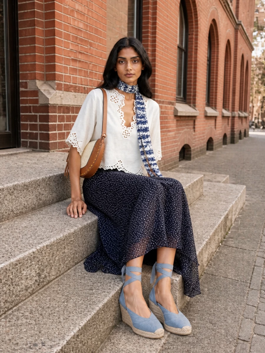 Romantic Parisian boho in a soft navy and ivory story, with the asymmetric skirt swishing against a scalloped broderie blouse. Dusty blue espadrille wedges and a woven cream hobo keep it terrace-ready, while a slender navy floral scarf echoes the skirt’s print and pulls the palette into a gentle, cohesive whole.
