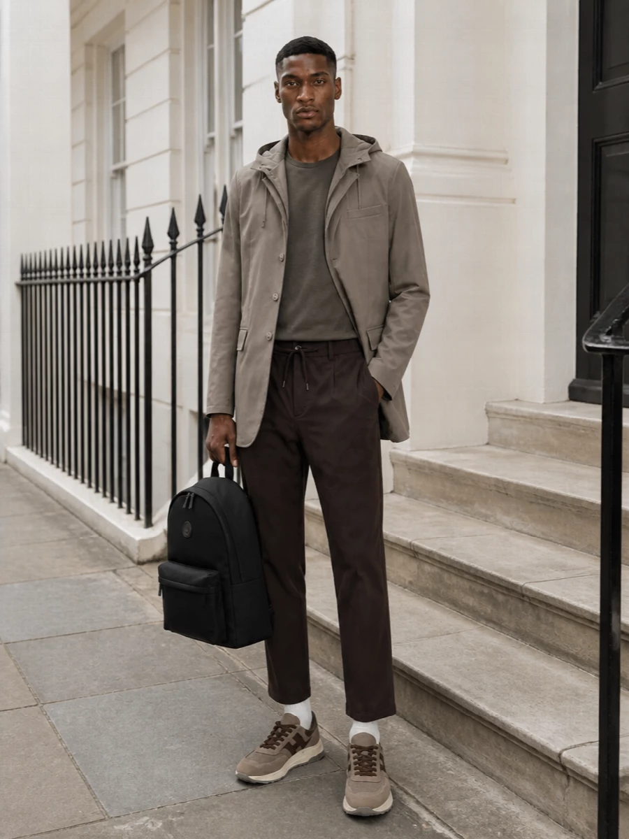 Herno taupe hooded blazer coat hogan sneakers