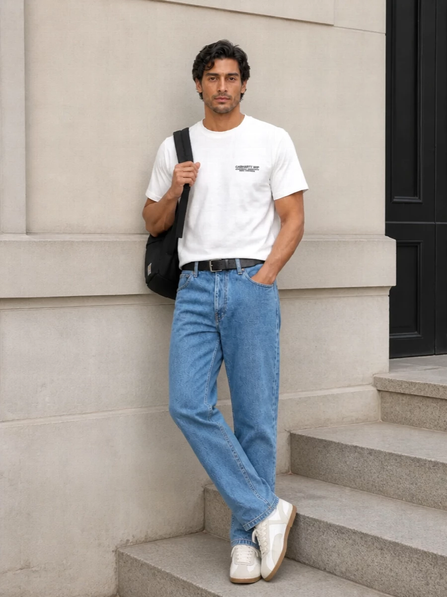 Mid blue Carhartt denim with a crisp white tee and off-white retro trainers keeps the palette light and easy while staying rooted in workwear. The straight-leg silhouette and boxy top balance feel modern and relaxed, with the black belt and backpack adding just enough structure and contrast. It is an unfussy city uniform you can wear from morning errands into low-key evenings without changing a thing.