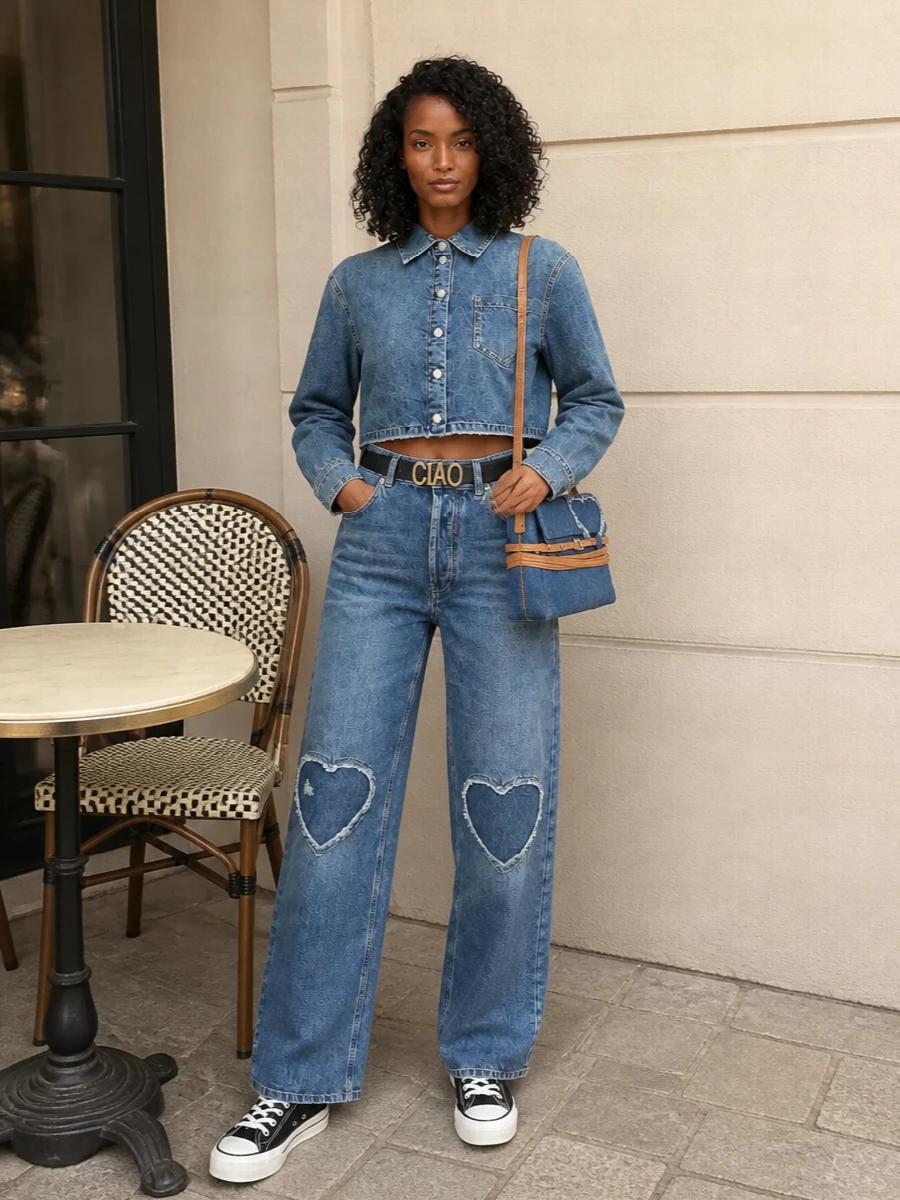 Moschino heart jeans cropped denim shirt outfit