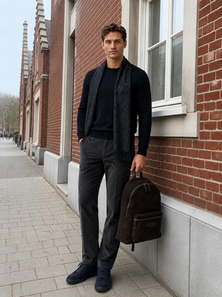 Etro navy sweater charcoal corduroy trousers