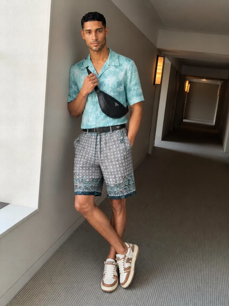 Amiri camp shirt printed shorts prada belt bag