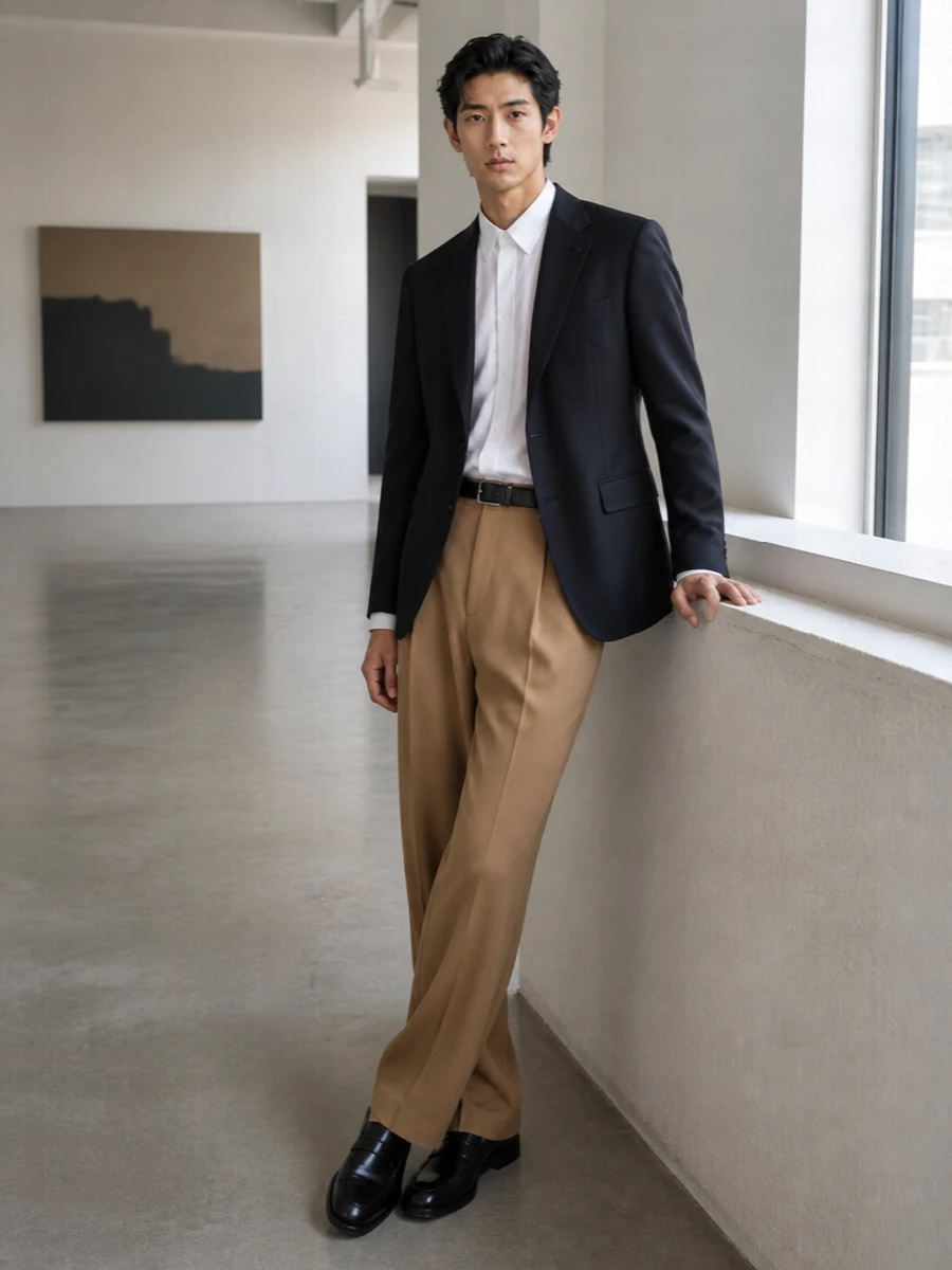 Lardini camel trouser navy blazer outfit