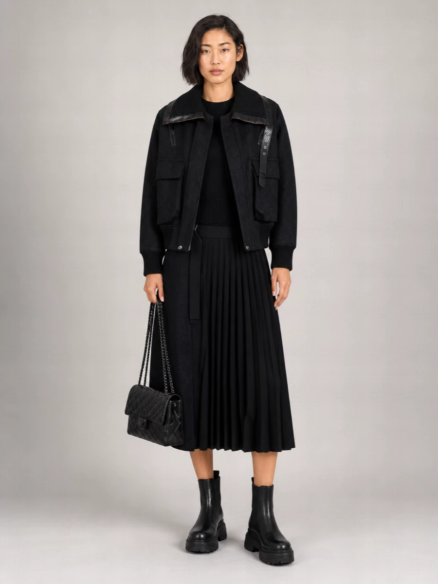 I’m building around the Sacai bomber as a true outerwear hero, so I’m taking the top and bottom path rather than a dress, which would compete with its structure. A cropped black Sacai knit and high-waisted pleated midi give a long, controlled column under the jacket, then platform Chelsea boots and a quilted Balenciaga shoulder bag ground everything in a dark, city-ready mood that can move from afternoon to late night without a change.