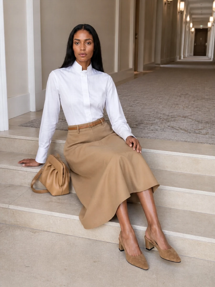 Semicouture camel midi skirt white shirt outfit
