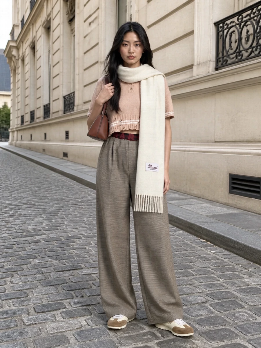 Marni’s cropped polo knit meets a high-rise fluid check trouser for a soft yet graphic take on preppy tailoring. Cream and camel sneakers keep it relaxed but refined, while a structured chestnut shoulder bag and ivory scarf add quiet structure and warmth. The proportions stay modern and easy, with the high waist and wide leg perfectly framing the boxy knit.