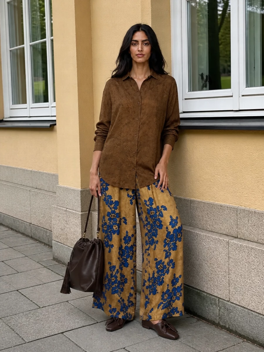 Uma wang floral wide leg pants caramel shirt
