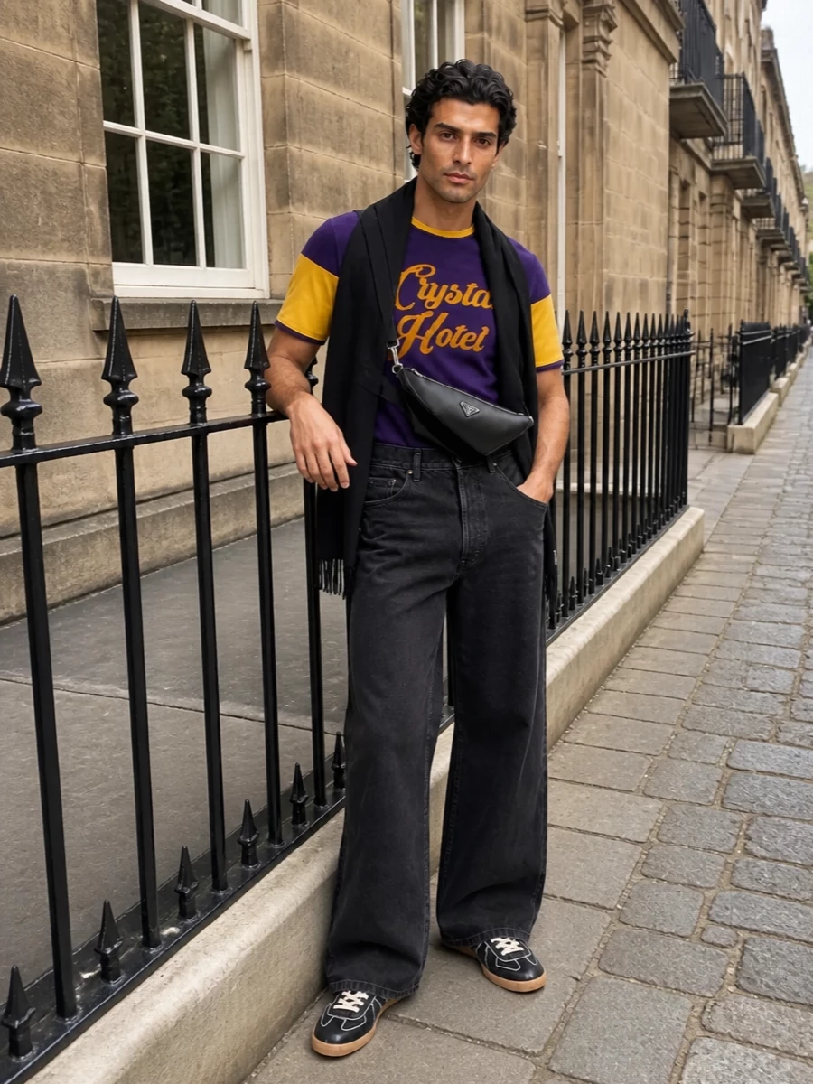 A graphic Margiela tee sits on washed black wide‑leg denim for a relaxed, slightly grunge street feel. Textured German‑style sneakers and a sharp Prada crossbody keep it polished enough for city days. A lean black scarf adds just enough winter texture without touching the bold color up top.